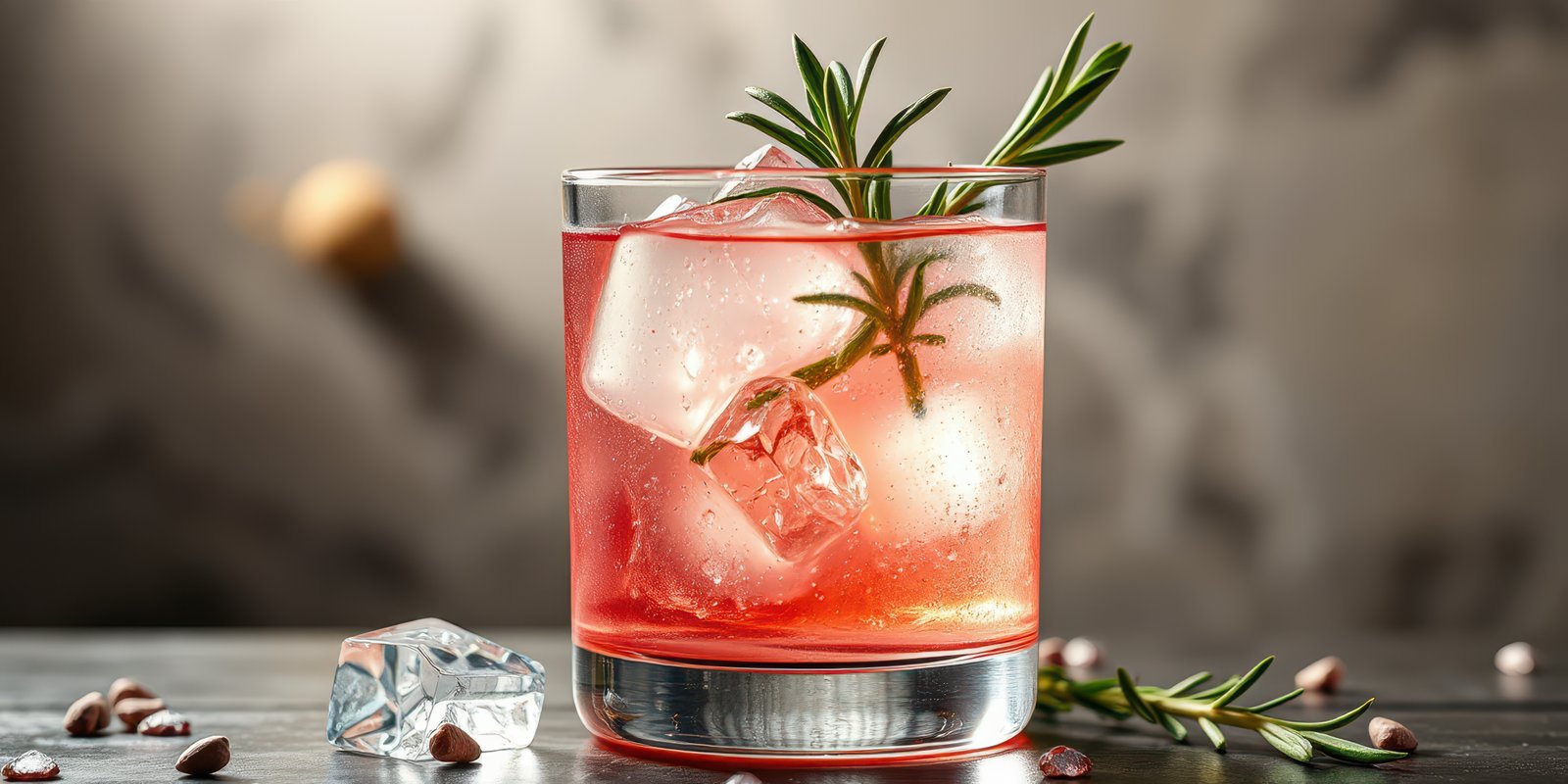 Refreshing cocktail with herbs garnished by ice cubes on a wooden surface in a cozy bar atmosphere